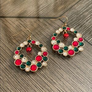 Glitzy Rhinestone Christmas Wreath Multicolor Gemstone Earrings Festive Holiday